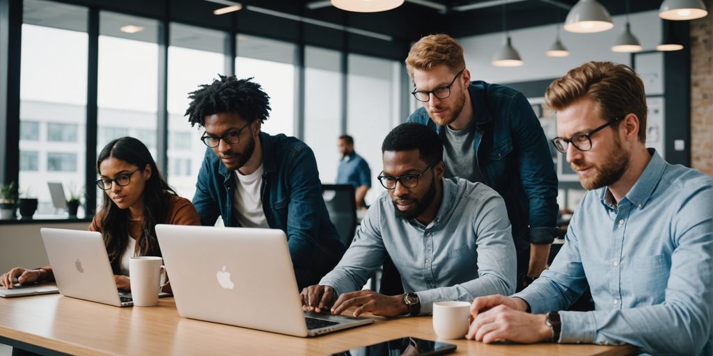 Developers collaborating on mobile devices and laptops